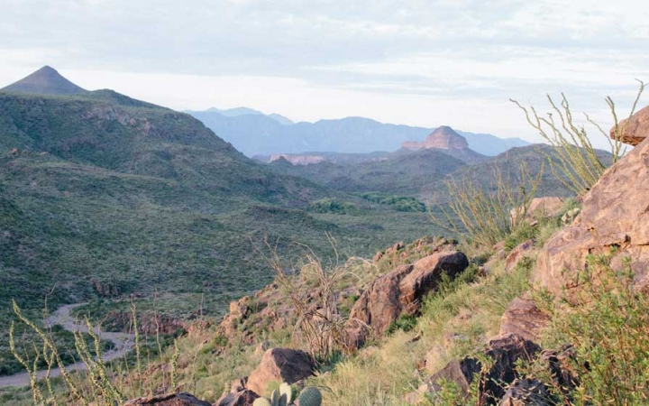 a river winds through a mountainous desert landscape dotted with green shrubs